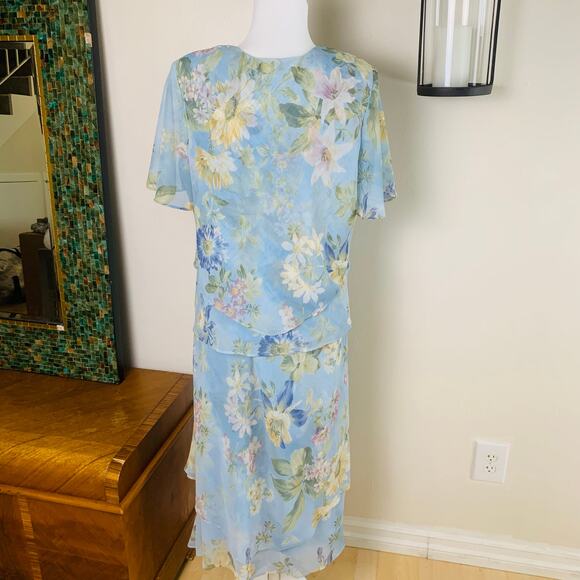 Vintage Sz 14P Floral Ruffle Tired 2 Piece Dress Skirt Set Blue Boho Chiffon - Picture 10 of 11